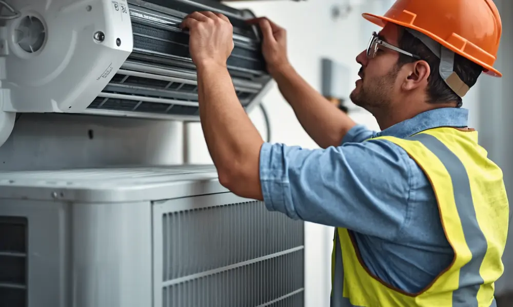 A construction worker wearing an orange hard hat and yellow safety vest is inspecting an air conditioning unit. He appears focused and attentive.