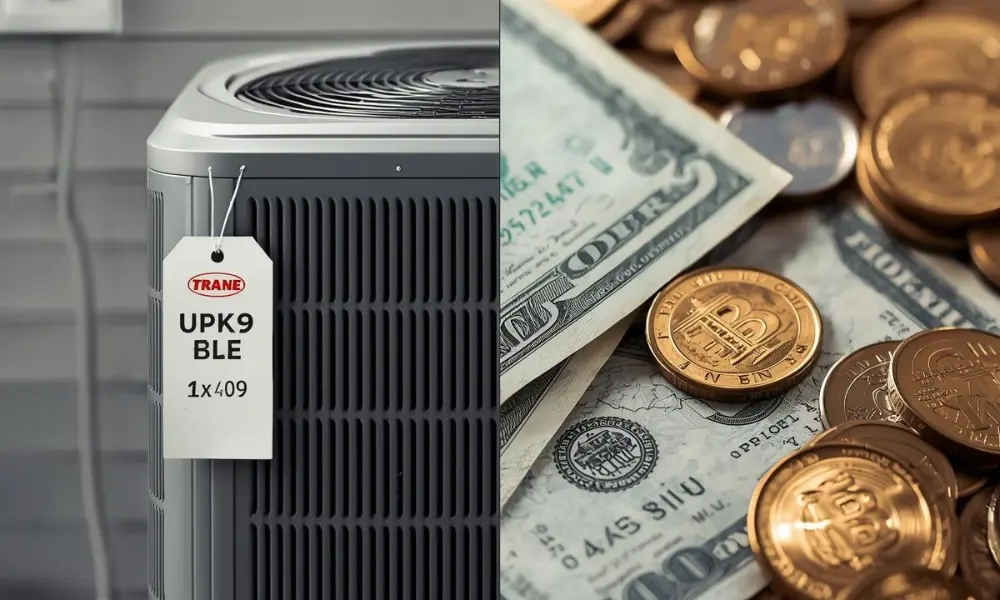 Split image; left shows an air conditioning unit with a white tag labeled "Trane UPK9 BLE 1x409," right shows a pile of U.S. dollar bills and Bitcoin coins.