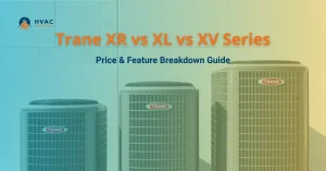Image with three Trane HVAC units side by side against a gradient background. Text reads: 'Trane XR vs XL vs XV Series, Price & Feature Breakdown Guide.' The tone is informative and technical.