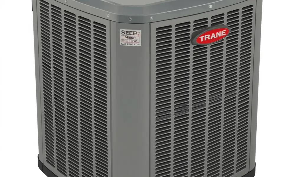 Gray outdoor air conditioning unit with a hexagonal shape, featuring a metal grille on all sides. The red brand logo is prominently displayed.