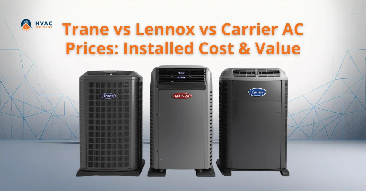 Image comparing three AC units: Trane, Lennox, and Carrier. Text above reads, 'Trane vs Lennox vs Carrier AC Prices: Installed Cost & Value.' Background features abstract blue line patterns.