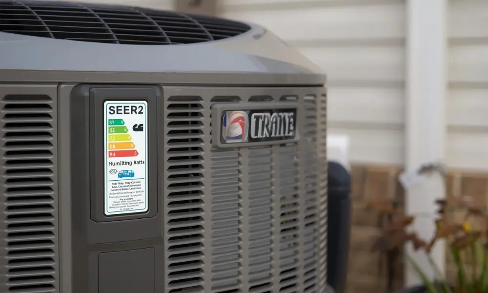 Close-up of a gray outdoor air conditioning unit with a SEER2 energy efficiency label. The background shows a white-paneled wall and some plants.
