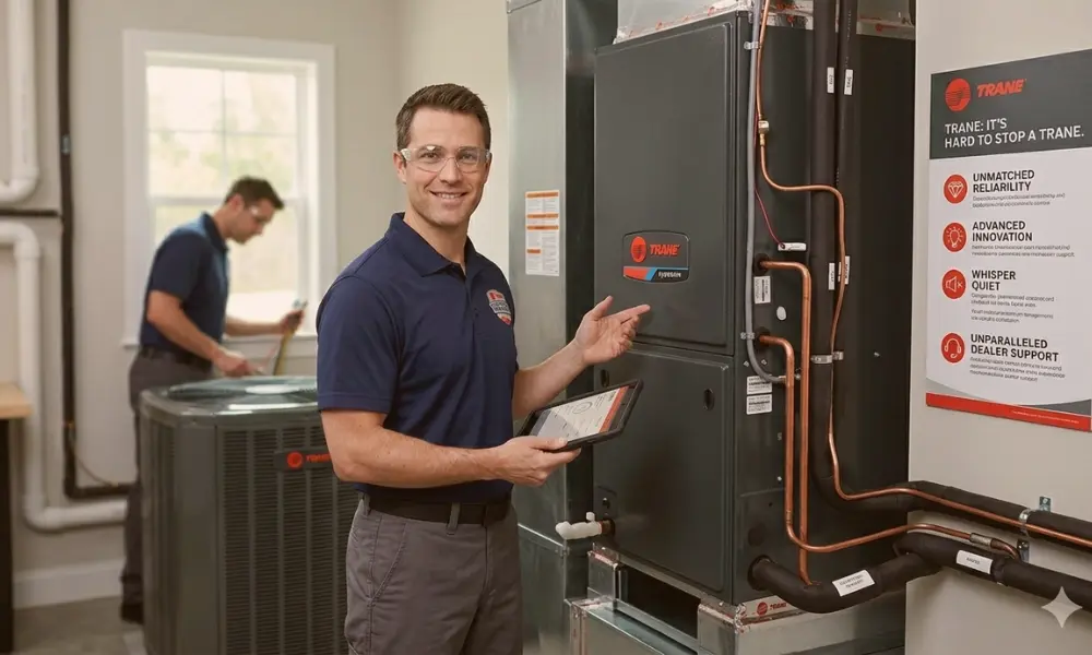Two man wearing a blue shirts and jeans stands next to a furnace, emphasizing the advantages of choosing Trane.
