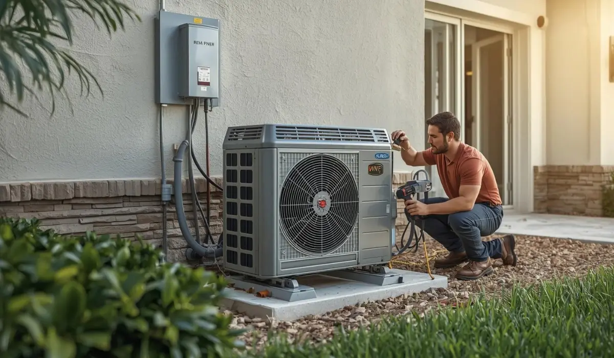 Technician installing a high-efficiency outdoor air conditioning unit at a residential home.