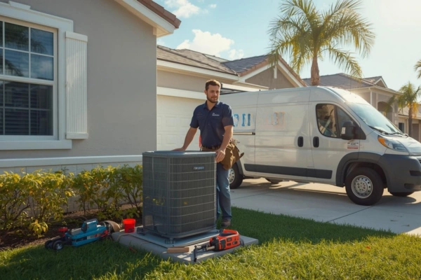 HVAC technician standing beside an outdoor air conditioning unit with a service van parked at a residential property.
