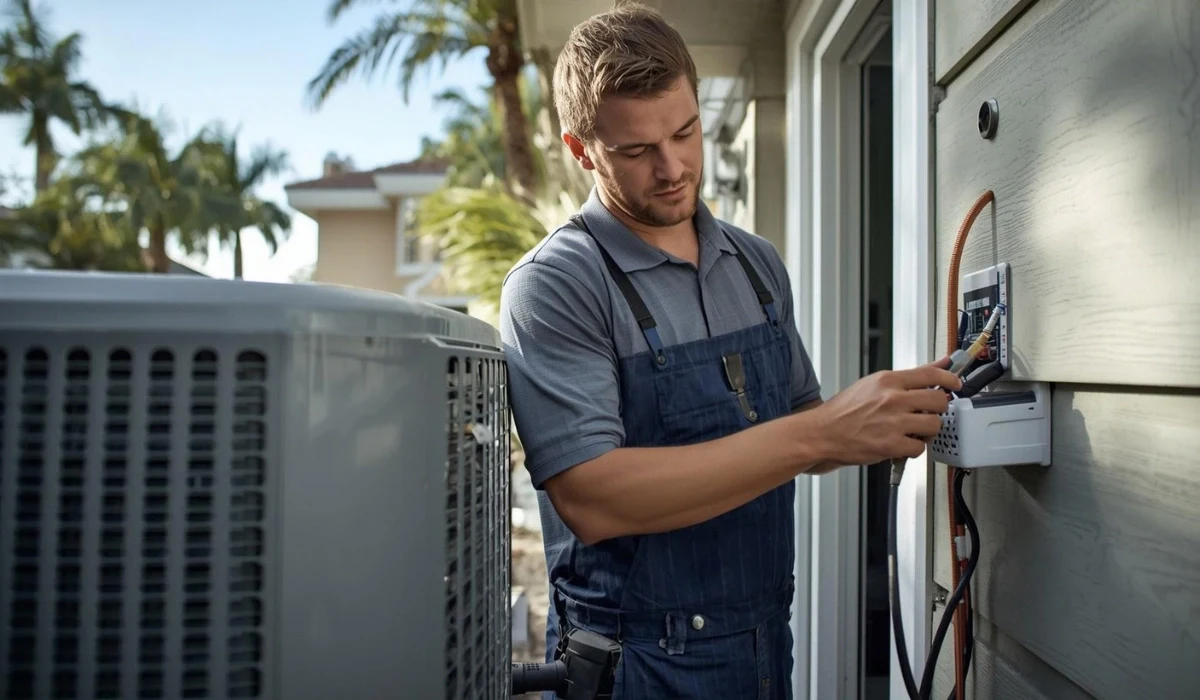 HVAC technician servicing an outdoor air conditioning unit at a residential property in Pompano Beach.
