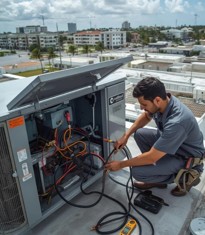 HVAC technician servicing a rooftop commercial HVAC unit with diagnostic tools during a specialized repair visit.