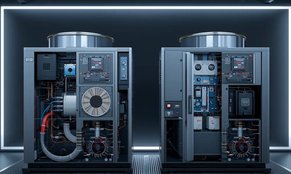 Two modern industrial machines are displayed side by side in a dimly lit room, with open panels revealing complex wiring and components, conveying a sense of precision and technology.