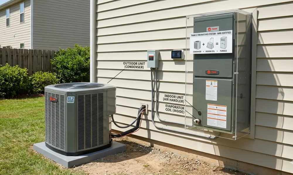 Outdoor air conditioning unit next to a house with beige siding. Labels identify the condenser and air handler, connected by pipes and wires.