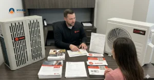 A man and a woman are seated at a table with HVAC brochures and documents. Two air conditioning units are displayed, with a professional atmosphere.