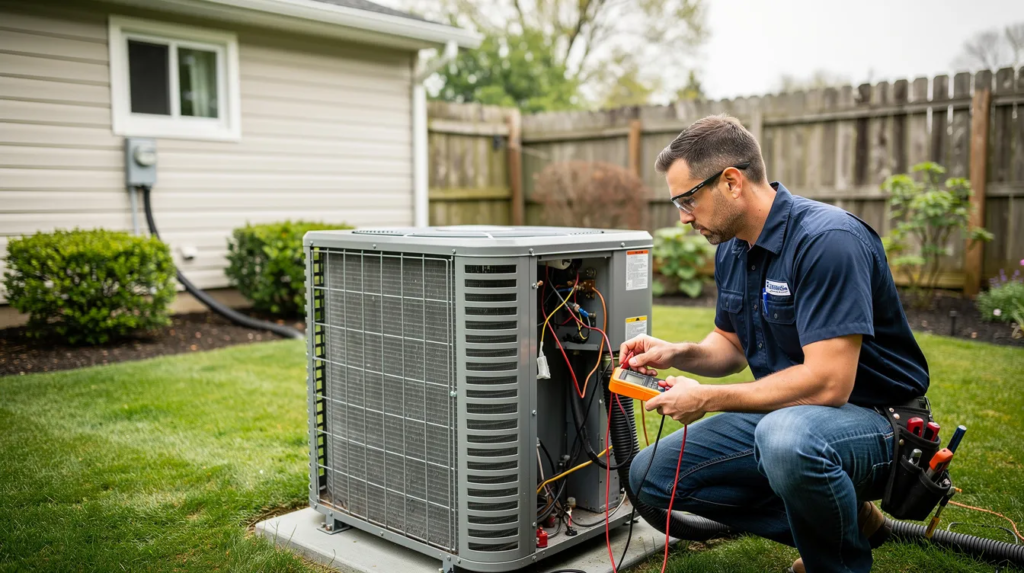 An HVAC technician is inspecting an outdoor AC condenser unit in a residential backyard, checking for any signs of malfunctioning air conditioner issues. The technician is equipped with advanced diagnostic tools to ensure the air conditioning system is functioning properly and to maintain optimal indoor air quality.