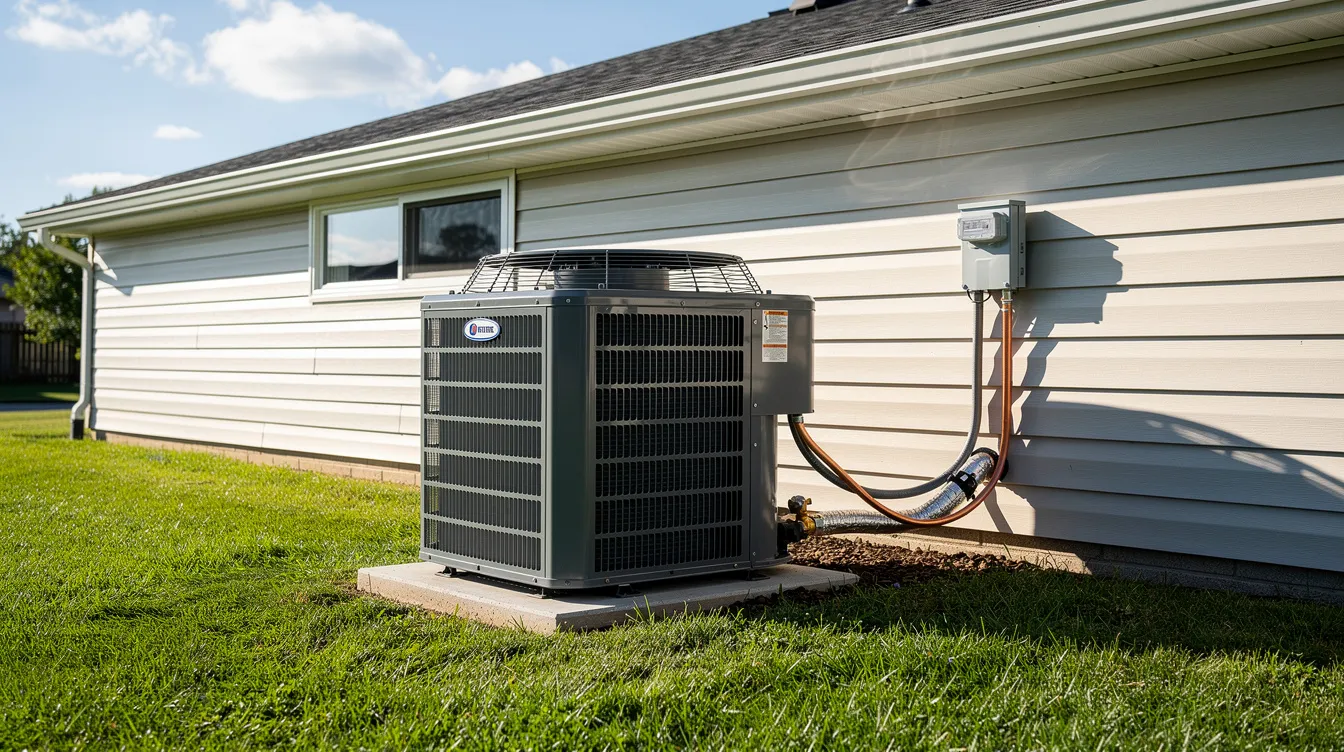 An outdoor AC condenser unit is positioned beside a residential home under the bright sun, showcasing an essential component of the air conditioning system that helps provide cold air during the hot Texas summers. This unit represents the importance of regular maintenance and repair services for homeowners in Forney, TX, ensuring peak efficiency and comfort year-round.