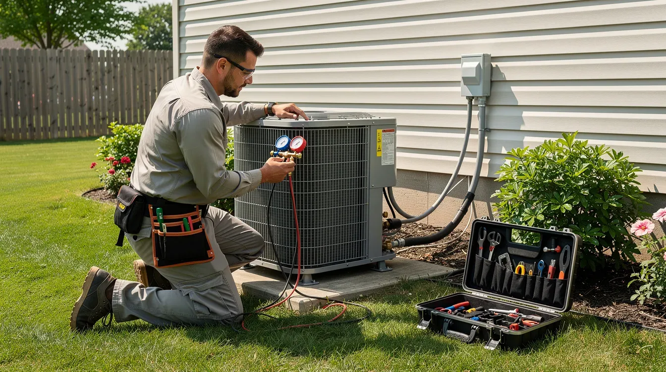 An HVAC technician is inspecting an outdoor air conditioning unit in a residential backyard, ensuring the air conditioning system operates at peak efficiency to keep homeowners comfortable during the hot summers in Forney, TX. The technician is checking for any issues that could affect the cooling systems, such as low refrigerant or leaks.