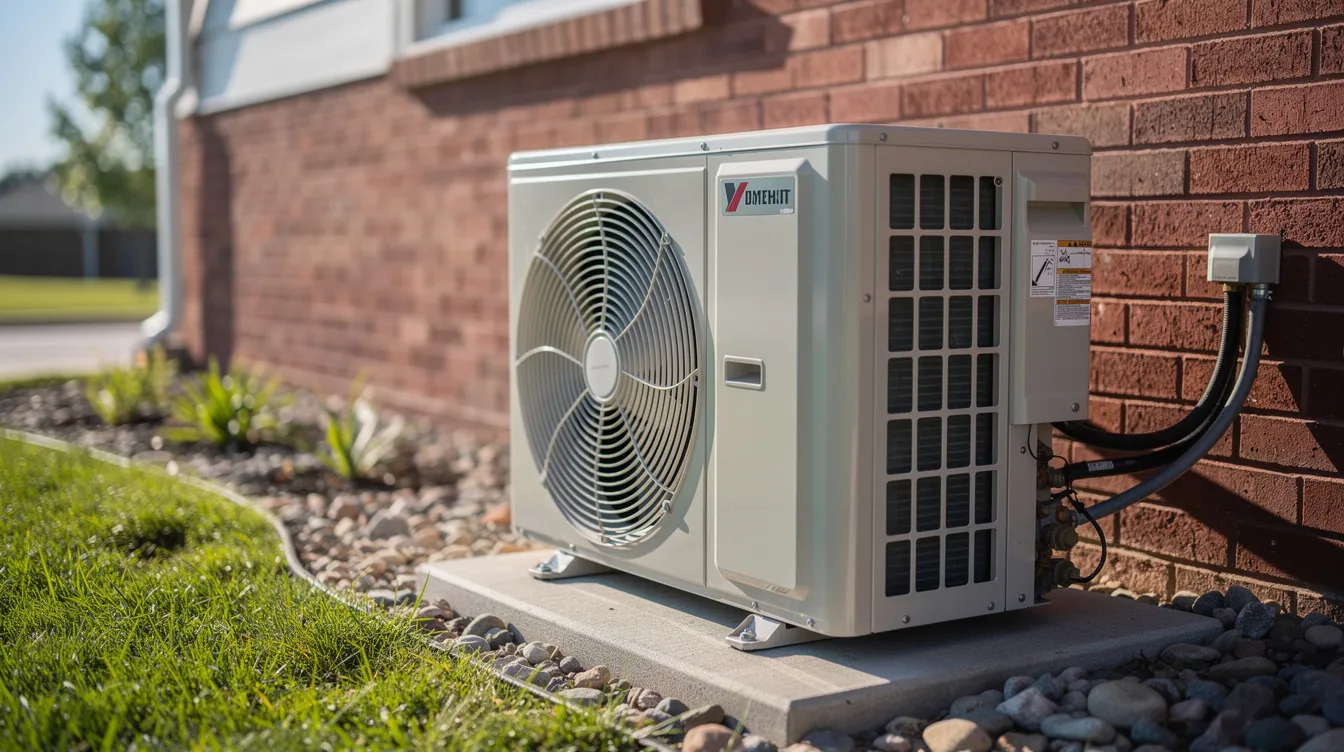 A close-up view of a residential outdoor AC condenser unit positioned next to a brick house on a sunny day, showcasing essential components of the cooling system that help maintain indoor air quality and comfort. The image highlights the outdoor AC unit, a key element of the air conditioning system, which is crucial for efficient cooling and energy savings in Garland, TX.