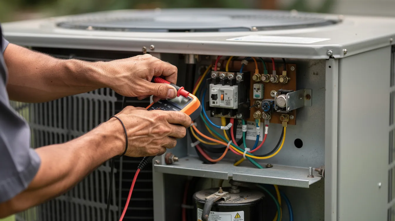 An HVAC technician's hands are seen testing electrical connections inside an open air conditioning unit panel, ensuring the cooling system operates efficiently. This maintenance service is crucial for optimal performance and reliability of the air conditioning system, particularly for Garland, TX homeowners.