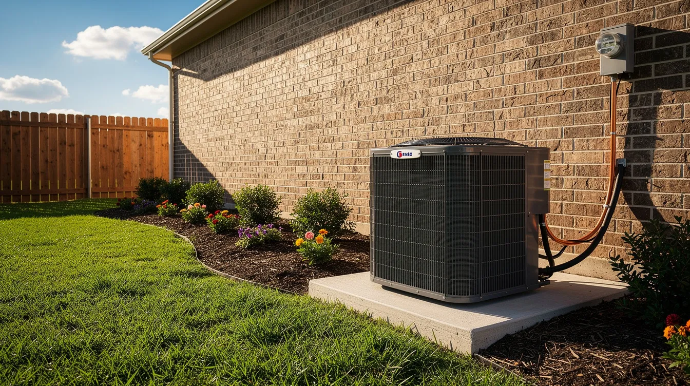 A new high-efficiency central air conditioning condenser is installed beside a suburban Texas home, surrounded by well-maintained landscaping. This outdoor AC unit is part of a modern cooling system designed to enhance indoor air quality and improve energy efficiency for Garland homeowners.