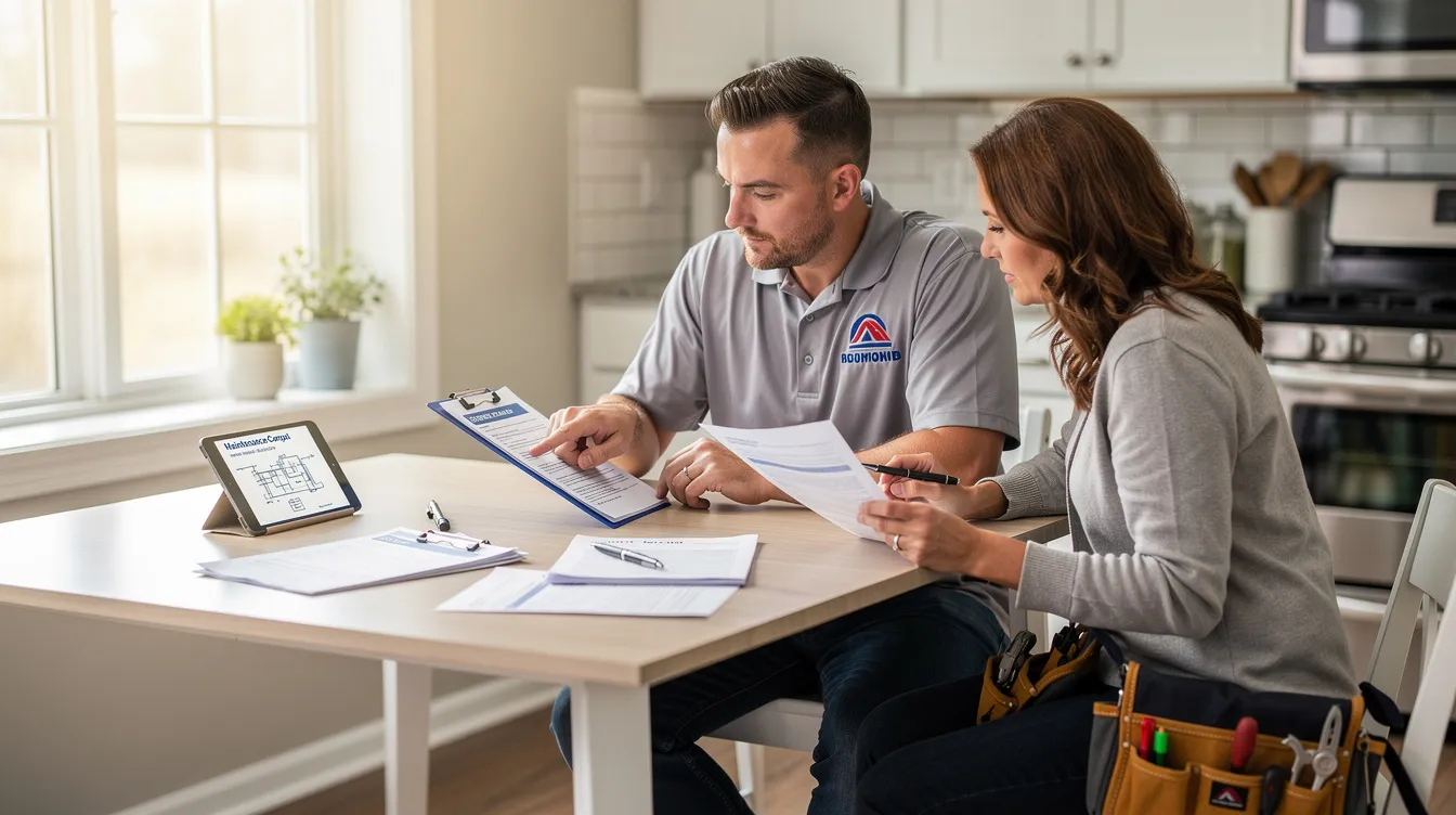 A homeowner and a skilled HVAC technician are seated at a kitchen table, reviewing documents related to the air conditioning system and its maintenance. They discuss important details regarding the ac unit's performance, energy costs, and potential upgrades to improve air quality inside the Rockwall home.